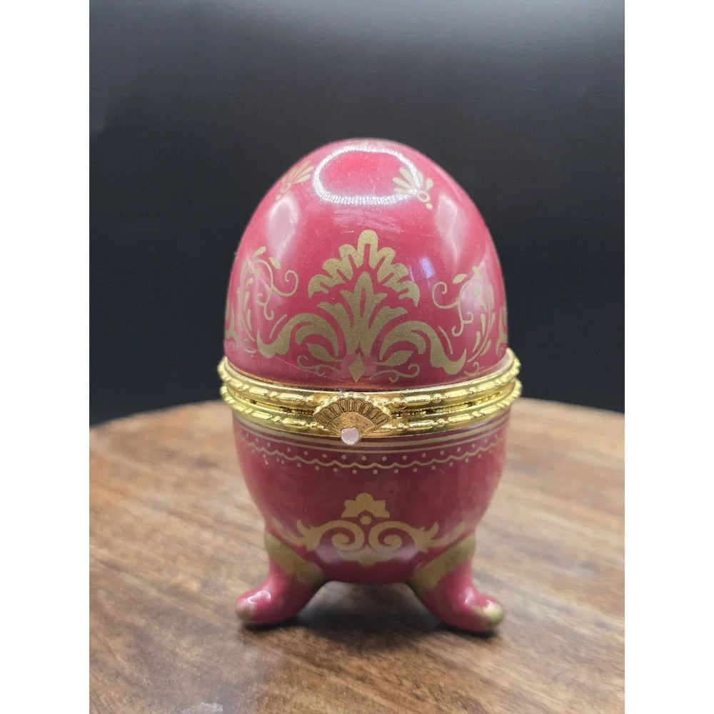 Porcelain Egg Shaped Red & Gold Ceramic Hinged Trinket Box with Clock Inside